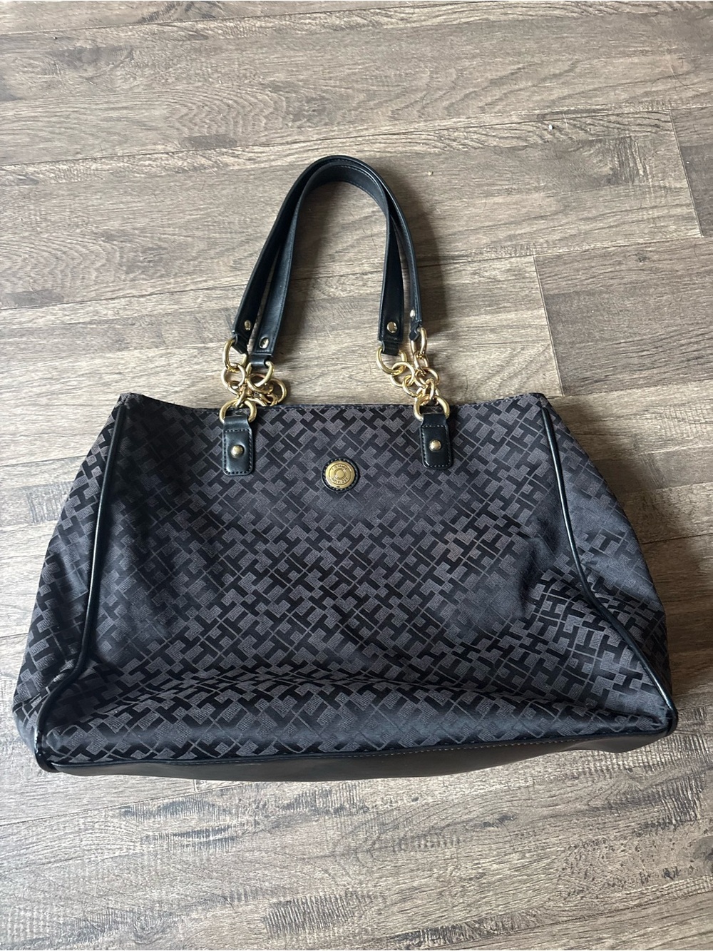 Tommy Hilfiger Black Monogram Jacquard Tote Bag Gold Chain